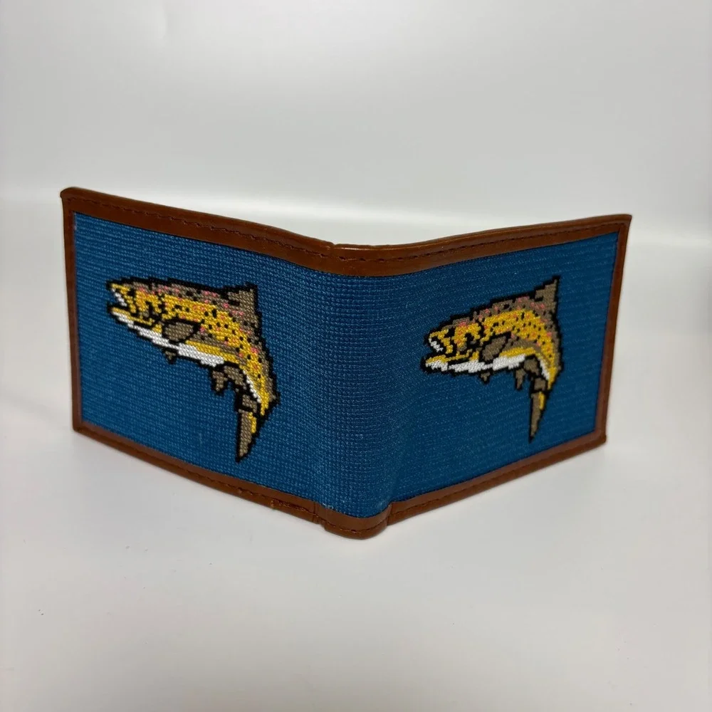 Kraftsman Co Needlepoint Wallet Trout Fly Fishing Blue Brown New in Box